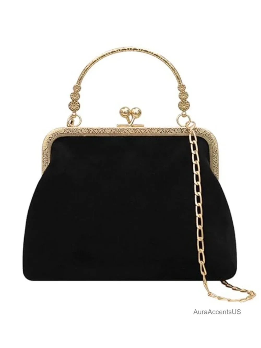Vintage Kiss Lock Faux Suede Handbag Purse Crossbody Shoulder Bag Chain Strap